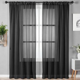 Alaoo Set of 2 Voile Curtains, 56 x 71 Inches Black Net Curtains Woven Eyelet Voile Sheer Panels Semi Transparent Window Treatment for Kitcken Living Room Bedroom