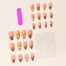 24Pcs Leopard French Tips Press on Nails Medium Almond Fake Nails with 5D Yellow Flower Designs Acrylic Nails Press ons Glitter Full Cover Reusable Glue on Nail Floral Artificial Nude Nail for Women