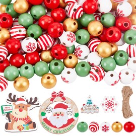 SUNNYCLUE 100 Pieces, 5 Types, 0.6 inch (16 mm) Christmas Tree Bead Set, Christmas Party, Large, Round Beads, Snow, Colorful, Frosted, Beads, Winter, Spacer, Beads, Craft Beads, Red, Green, Wood,