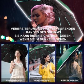 Automatic Open and Close Folding Reverse Umbrella 10 Ribs (3+2 Reinforced Ribs) Umbrella Knirps Large with Reflective Strips, Sun Protection, Portable for Travel, dark green