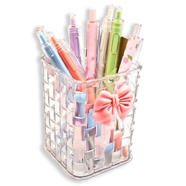cgllwnmix Pen Holder for Desk Cute Acrylic Makeup Brush Holder, Woven Texture with Bow Decor, Desk Stationery Desktop Caddy Cosmetic Accessories for Office, Home, School, Kitchen - Clear White