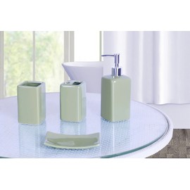 4 Piece Ceramic Bathroom Set Solid Colors Toothpaste Holder Toothbrush Holder Soap Pump Soap Dish (Sage Green)