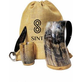 Viking Horn Mug With Gift Bag - Food Grade Medieval Style Man's Beer & Mead Cup (The Wolf/Fenrir-Engraved Natural)