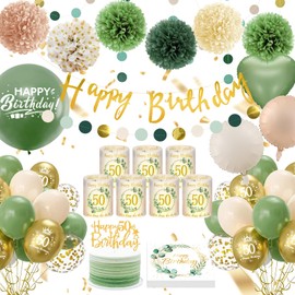 Sancuanyi 50th Birthday Decoration, Lantern Table Decoration 50th Birthday, Green Gold 50th Birthday Decoration Woman Man, 50th Birthday Decoration Green with Balloons, Eucalyptus Pompoms Banner