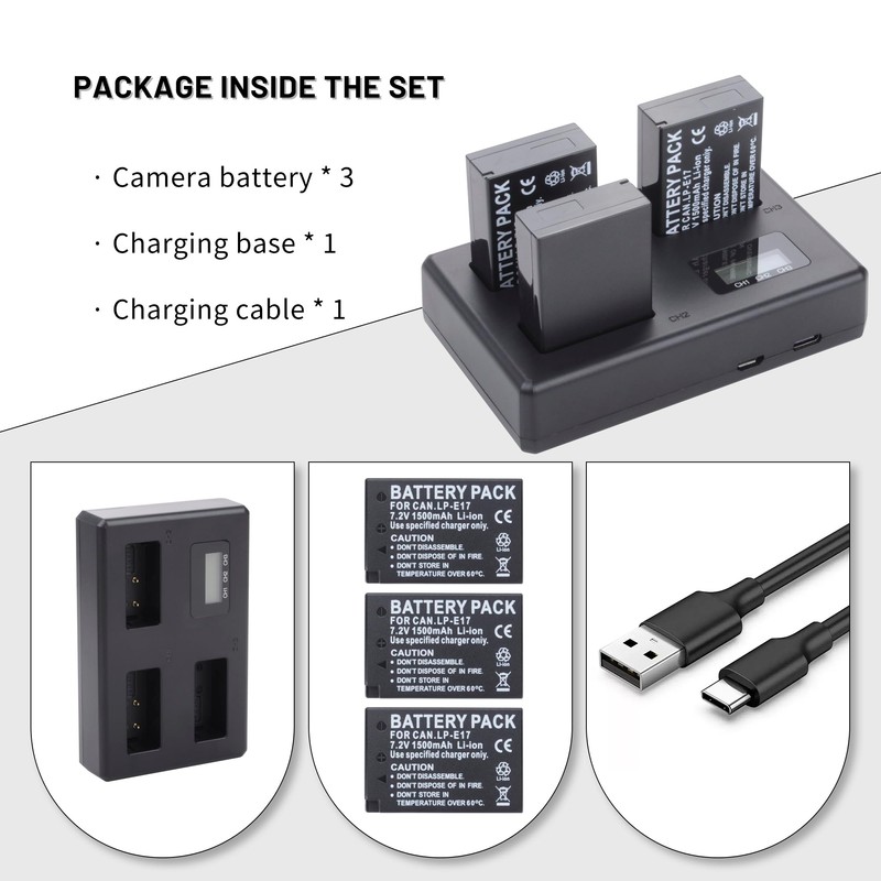 3-Pack LP-E17 Battery with Smart Triple Charger for Canon EOS