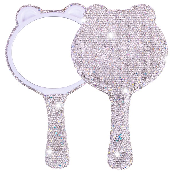 Framendino, White Cat Ear Shaped Bling Metal Handheld Mirror with