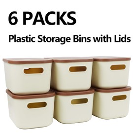 ZEXALOR 6Pcs Small Storage Bins with Lids, Modern Rectangular Plastic Organizer Bin Storage Containers, Stackable, Beige, Flip Top Lids, 10.2x6.7x4.7 Inches, 6 Count