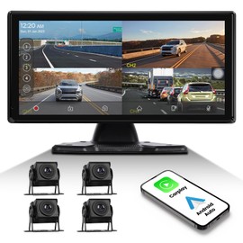 1080P 4K RV Backup Camera System Portable Wireless Apple Carplay/Android Auto Mirror Link Smart Player 10.36 inch Touchscreen Reverse Monitor DVR Loop Recording 4 Split Screen Bluetooth USB TF