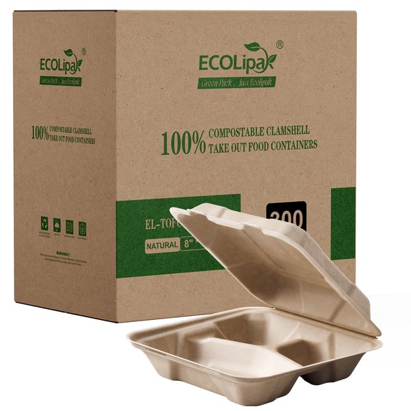 ECOLipak 300 Pack Clamshell To Go Containers, 100% Compostable Disposable