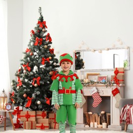 Kids Christmas Elf Costume Cosplay Costumes Long Sleeve Tops Solid Shorts Striped Leg Warmers Belt Hat Set (Green, L)