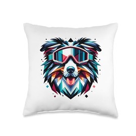Funny Cool Dogs Wearing Ski Goggles Australian Shepherd Wearing Ski Snowboard Goggles Geometric Throw Pillow, 16x16, Multicolor