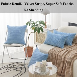 Home Brilliant Blue Cushion Cover Solid Striped Velvet Cushion Covers Decorative Throw Pillows with Zipper, 2 Pieces, Light Blue, 45 x 45 cm, 18inch