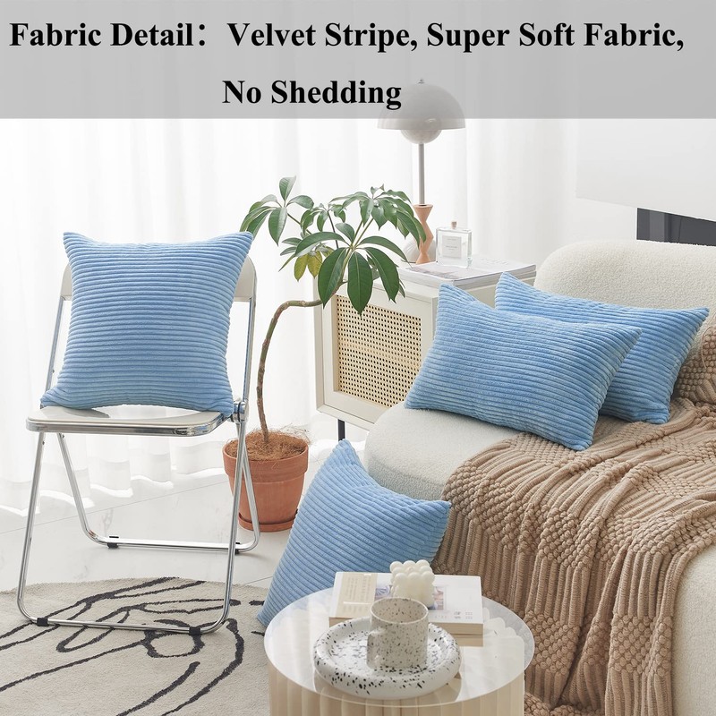 Home Brilliant Blue Cushion Cover Solid Striped Velvet Cushion Covers