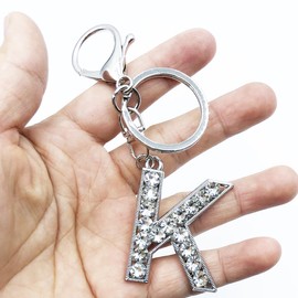 Xsclpomddy Alphabet Letter Key Ring Cute Key Ring Glitter Stones Silver Keychain for Bag Charm, K