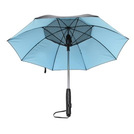 Sun Umbrella with Fan Mister 190T Vinyl Fiberglass UV Proof Long Handle Electric Sun Umbrella for Summer Cooling Beach Sports Outer Black Inner Blue