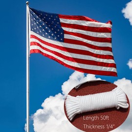 TuNan 1/4" x 50 Feet Flagpole Rope, Nylon Cord Braided Flag Halyard Line Designed for Flag Pole - White