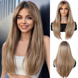OUFEI Strawberry Blonde Wigs with for Women Bangs Long Straight Layered Synthetic Hair Wigs with Dark Roots for Daily Party Use