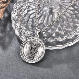 KINGWHYTE Saint Michael Necklace 925 Sterling Silver St Michael Protect Us Pendant Necklace Archangel Michael Necklace Religious Jewellery Gifts for Men with 20 + 2 Inch Stainless Steel Chain,