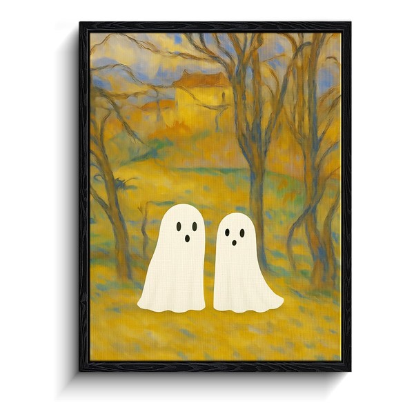 Two white sheet ghosts in fall woods, Post-Impressionist style ghost