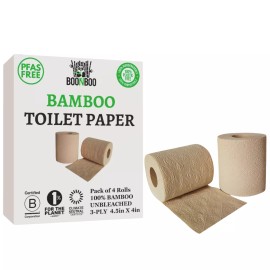 BOONBOO Bamboo Toilet Paper, PFAS-FREE, 3-Ply Unbleached, 4 Rolls