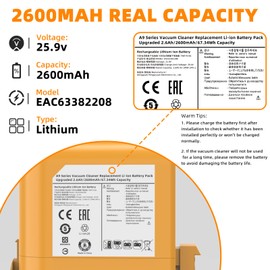 JGTM 25.9V 2600mAh Battery for LG CordZero A9 A9S A9 Plus A9 Max A9K A9K Pro A9M A9N A9K-CORE A9T-Ultra A916 A958 A958SA A905M A907GMS A908MVR A929KVM A9MULTI A9KMAX Vacuum
