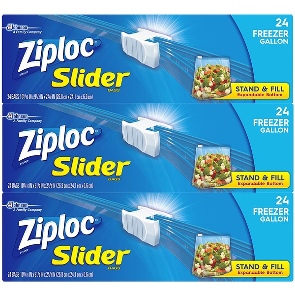 Ziploc Slider Freezer Bags, Stand-and-Fill with Expandable Bottom, Gallon, 72 Count, Pack of 3 (72 Total Bags)