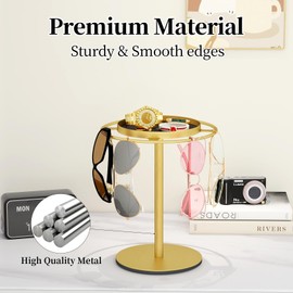LSK Metal Sunglasses Organizer, Glasses Holder Stand with Storgae Tray, Eyeglasses Holder with Anti-Slip Pads for Tabletop, Desk, Dresser, Gold