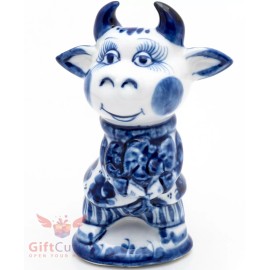 Bull Cow w flowers collectible Gzhel Porcelain Figurine Symbol 2021 Year Гжель
