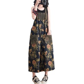 VIEWON Women's Loose Adjustable Straps Print Baggy Denim Overalls Casual Bib Jeans Wide Leg Jumpsuit Rompers Pants (Dark Blue,S)