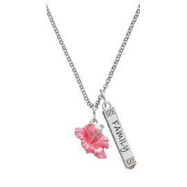 Delight Jewelry Silvertone Hot Pink Hibiscus Flower Silvertone Family Bar Charm Necklace, 23"