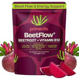Beetroot Capsules with Vitamin B12 – 10,000mg Beetroot Extract 50:1 with L-Citrulline & Pomegranate Polyphenols | Nitric Oxide & Circulation Support | Energy & Endurance | 60 Vegan Capsules