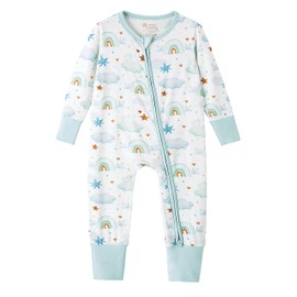 BambooBud Baby Zippered Rompers Newborn Unisex Sleepers Long Sleeve Pajamas Zipper Sleepwear, Light Green Rainbow, Newborn