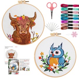 Offizon 2 PCS Embroidery Kit for Beginners - Mixed Embroidery Patterns, Embroidery Accessories & Hoop Included, Hand Embroidery Kit for Adults Stitching Sewing Kit Gift | Cow+Owl Patterns