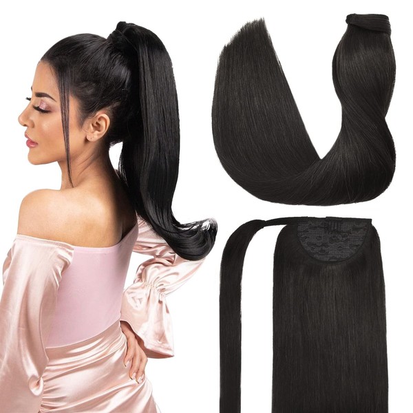 DOORES Ponytail Extension, Natural Black, 50 cm, 90 g, Ponytail Hairpiece, Straight Extensions, Braid, Remy Ponytail, Real Hair, Natural Ponytail Hairpiece for Women Wrap Around