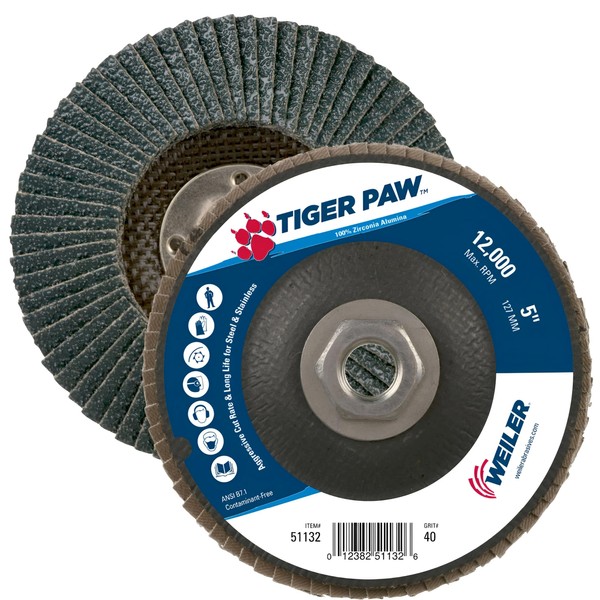 Weiler 51132 5"" Tiger Paw Abrasive Flap Disc, Conical (Ty29),