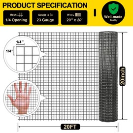 Black Hardware Cloth 20'' x 20' PVC Steel Vinyl Coated 1/4 inch Galvanized Wire Mesh Roll (23 GA) Chicken Wire Fence Roll, for coop Fences,Screen mesh, Rabbit/Snake Fences, Poultry enclosures, etc.