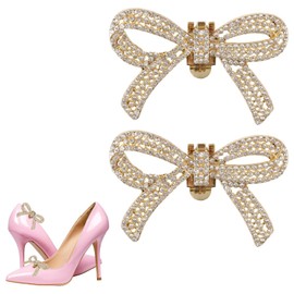 BEANPRECOY 2 Pcs Rhinestone Shoe Clips, Detachable Bow Shoe Buckle, Elegant Crystal Shoe Decoration Charms, Metal Shoe Clips for Women Heels Flat Shoes Wedding Prom Party Accessoriess (Gold)