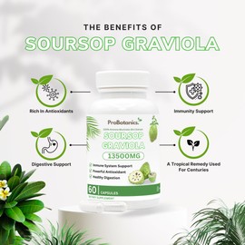 Organic Soursop Graviola Capsules | Extra High Strength 13500mg 30:1 Extract Per Serving | Potent Antioxidant & Immune Support - 60 Capsules