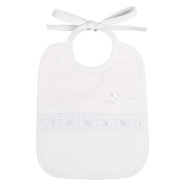 Filet - Soft Terry Cloth Bib with Aida Pocket for Embroidery with Lace Ribbon, White