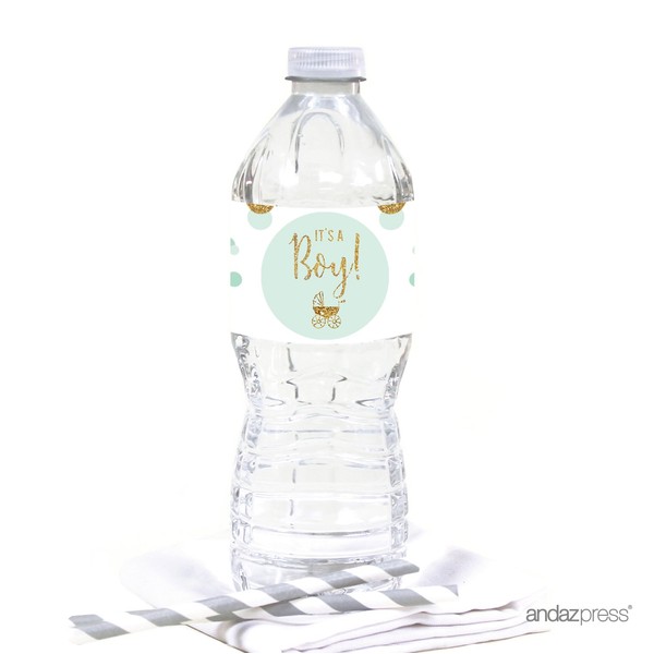 Andaz Press Mint Green Gold Glitter Boy Baby Shower Party Collection, Water Bottle Label Stickers, 20-Pack