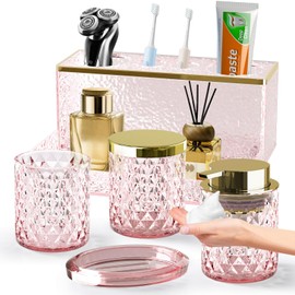Glass Bathroom Accessories Set 5Pcs Crystal - Foaming Soap Dispenser, Soap Dish, Cup, Acrylic Toothbrush Holder with Tray Organizer, Qtip Jar, Bathroom Counter Set Sink Decor (Pink)