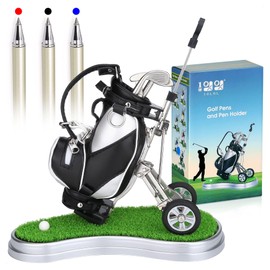10L0L Golf Pen Holder with 3 Pieces Golf Club Pens Set Unique Golf Desk Decor Gifts Souvenirs for Men - Silver + Black