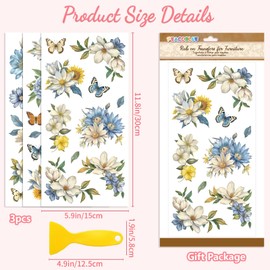 Peacoblue Rub on Transfer Decal Sticker for Furniture Craft Decor 6"x12" Blue White and Yellow Floral, 3Pcs Waterproof UV DTF Transfer for Drawer Dresser Glass Porcelain Wood Plastic