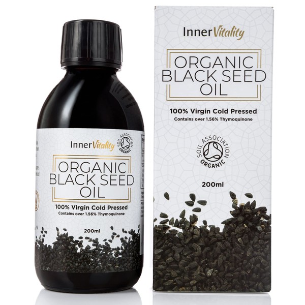 Organic Black Seed Oil Cold Pressed - 200ml High Strength 3X% - Certified Pure Virgin Oil in a Glass Bottle Rich in Omega 3 6 & 9 by Inner Vitality