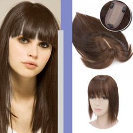 Elailite Hair Topper Extensions Women Toupee with Bang 100% Remy Real Hair 150% Thick 7 x 13 cm Base Clip in Hair Thickening 18 Inches (45 cm) 53 g #04 Medium Brown