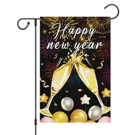 Wodison Cheers Happy New Year Garden Flag 12X18 Inch Double Sided, Small Burlap Fireworks Balloons Celebration New Years Flag for Party Yard Outdoor Decorations