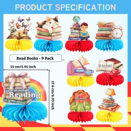 9pcs Read Books Honeycomb Centerpieces Book Themed Party Decorations Reading Book Tabletop Centerpieces Library Book Club Table Topper Sign Decorations Party Supplies for Book Lovers