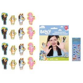 Bluey Birthday Party Supplies Bundle includes 16 Die-Cut Multi-Colored Paper Finger Puppets for Creative Play & Interactive Games and 1 Dinosaur Sticker Sheet
