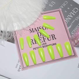 Yheakne Coffin 24pcs Extra Long False Nails Ballerina False Nails French Clip on Nails Art Acrylic False Nails for Women Girls (Shiny Green)