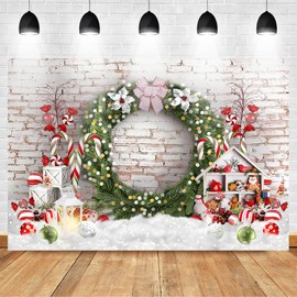 Avezano Christmas Photography Backdrop Xmas White Brick Wall Background Christmas Candy Canes Xmas Wreath Background for Kids Photo Booth Props (7x5ft)